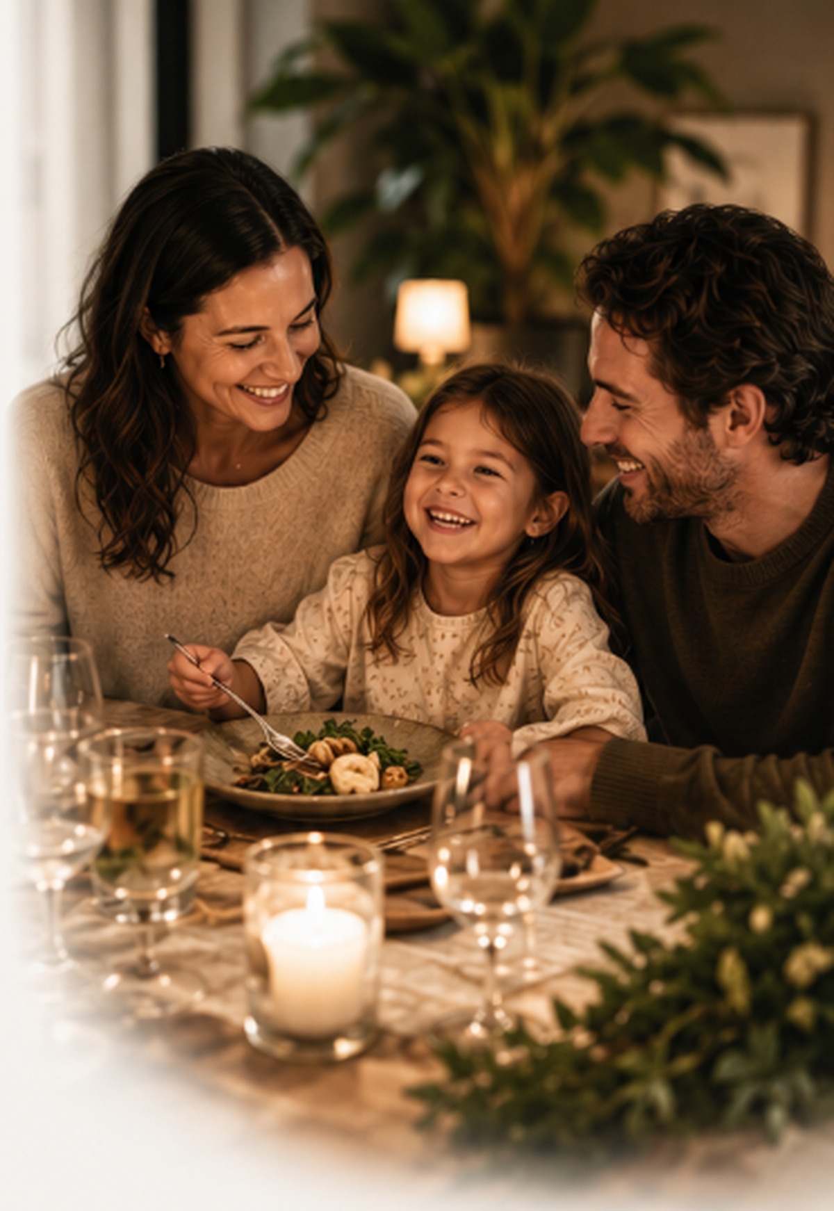 A family sharing dinner together at home